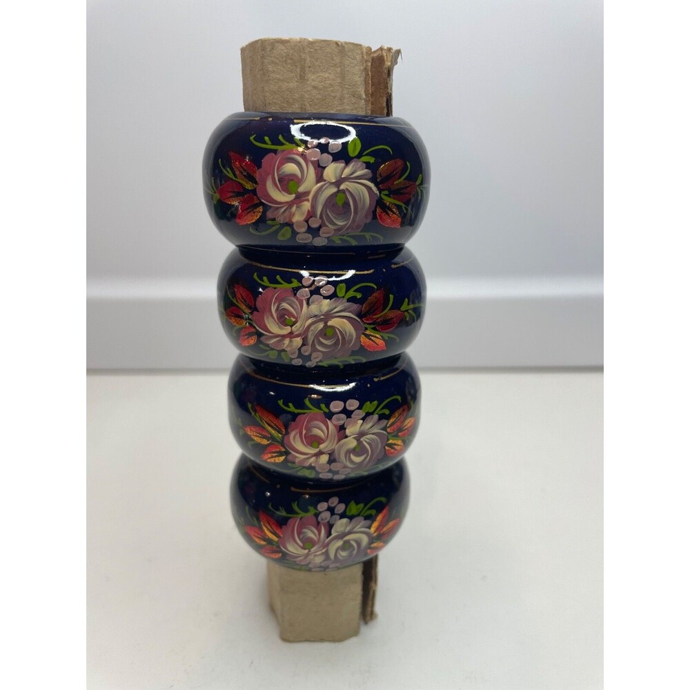 4 Russian ROYAL BLUE Lacquer NAPKIN HOLDER RING Set Hand Painted Rose Flowers